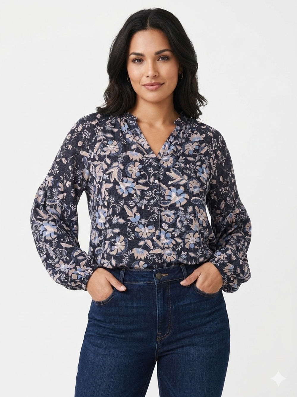 By&By NWOT Stretchy Floral Boho V-Neck Split Neck Peasant Top
